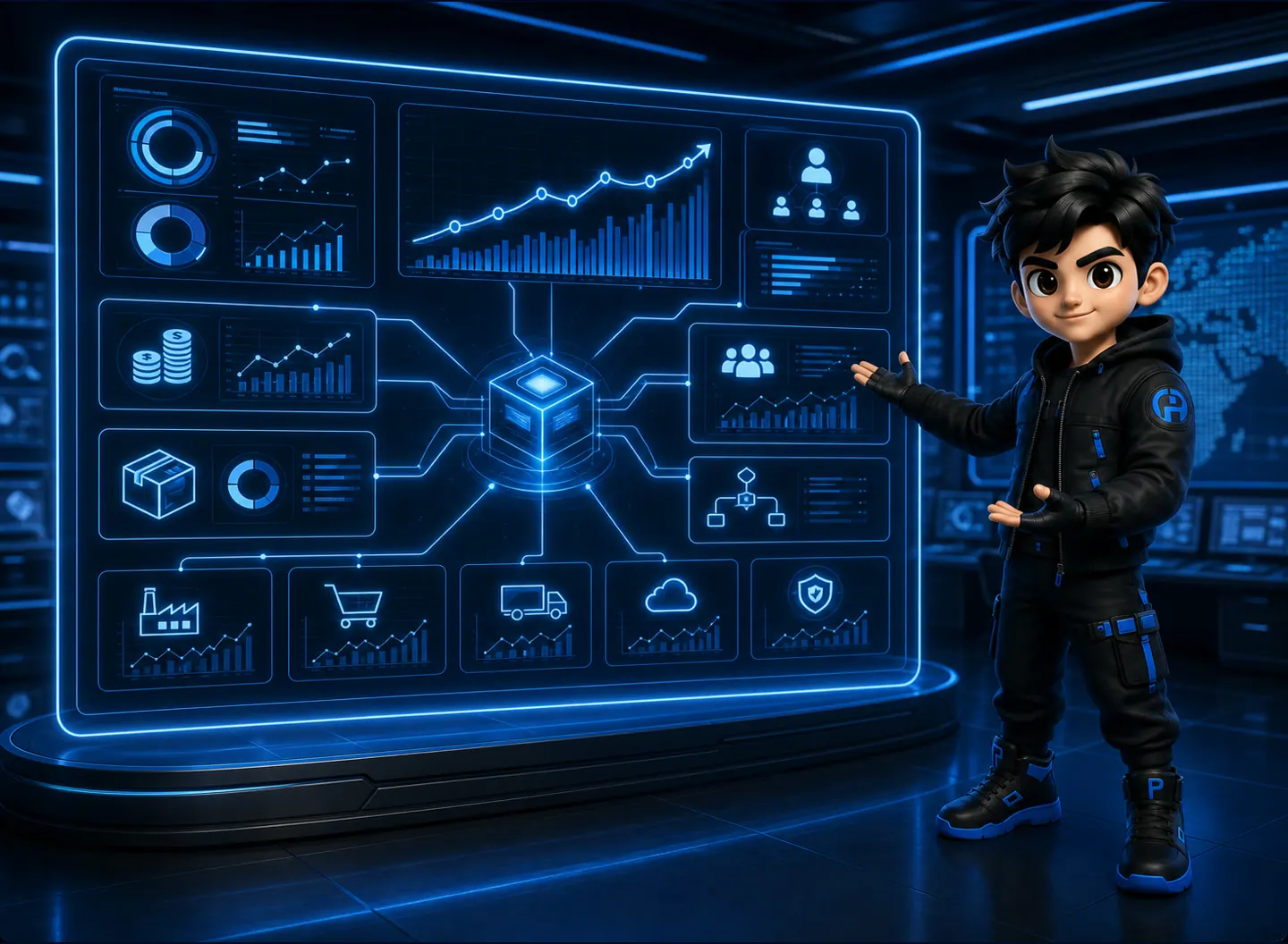 Mascot PTK theo dõi dashboard ERP và vận hành doanh nghiệp